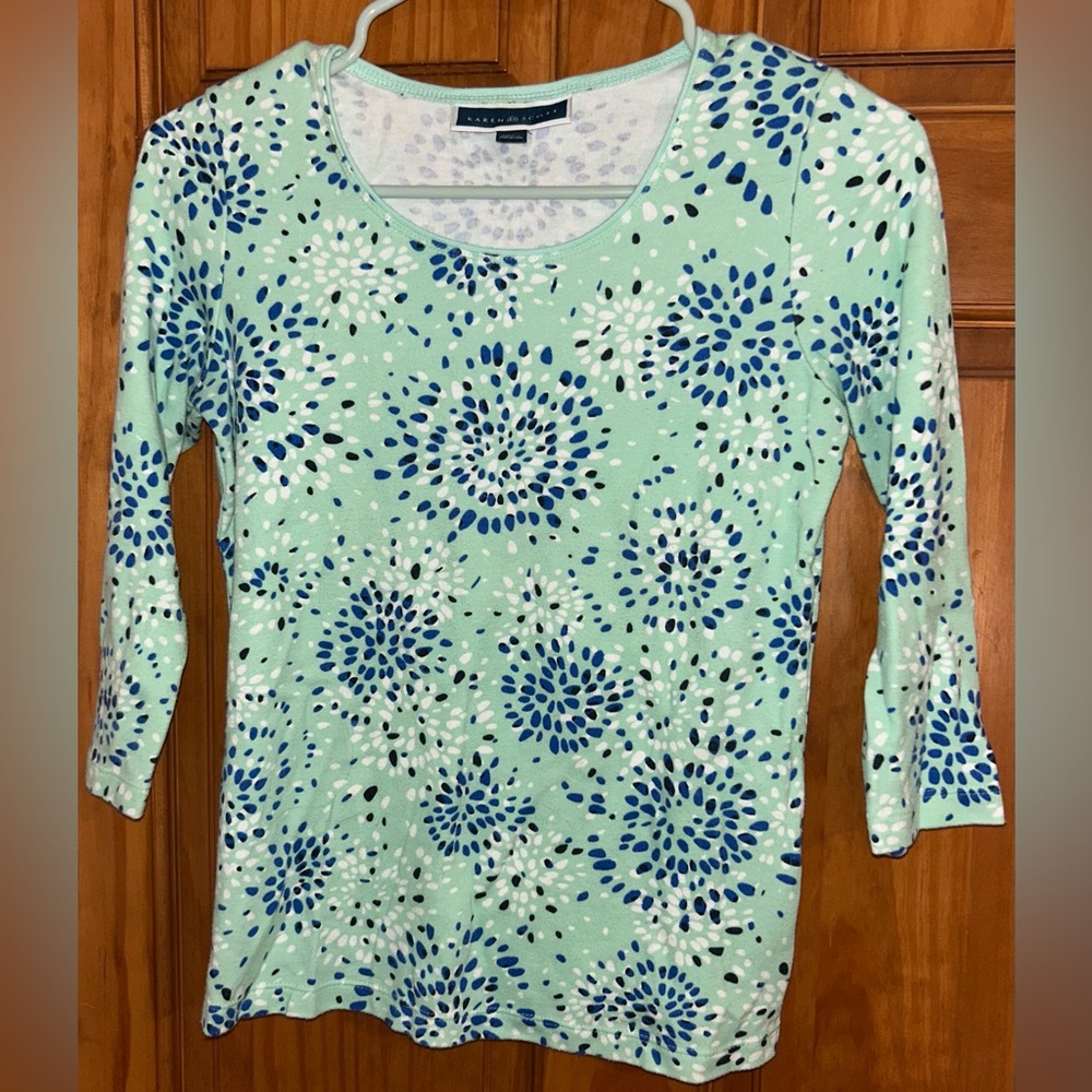 Karen Scott Mint and Blue Floral Blouse